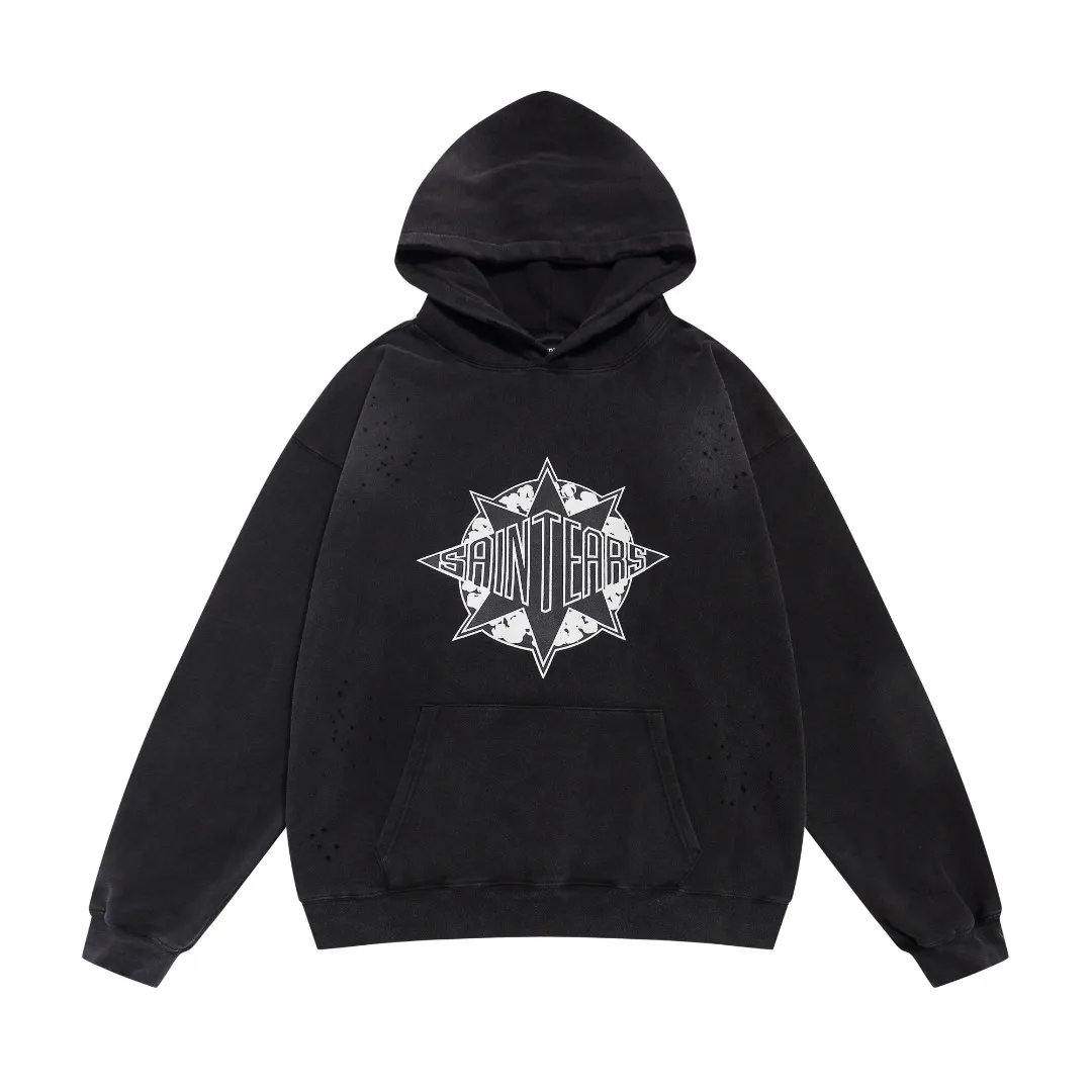Beautiful SAINT Michael retro tear print distressed washed hooded sweatshirt for men and women. Fabric: 420g Style number: SM630 Size: S-M-L-XL Color: Black Price: P236